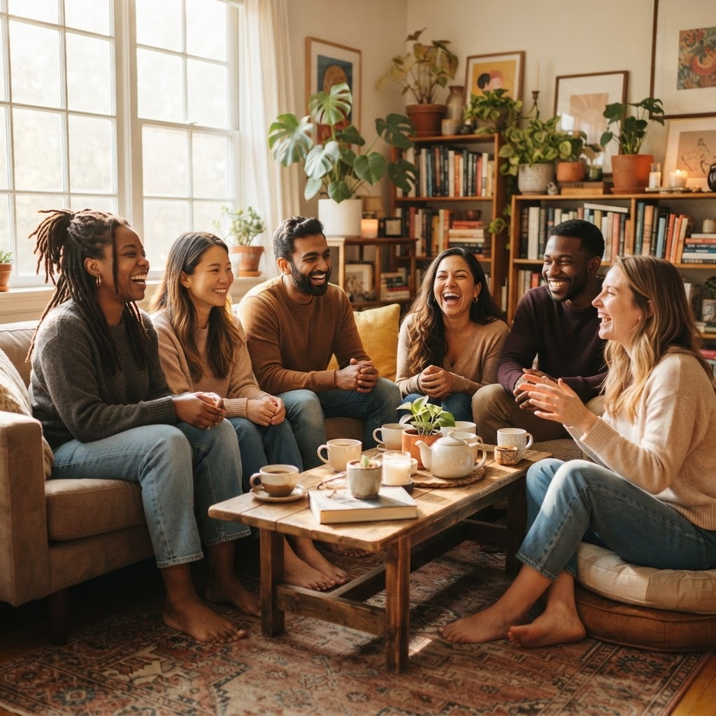 A warm circle of friends laughing together in a sunlit room